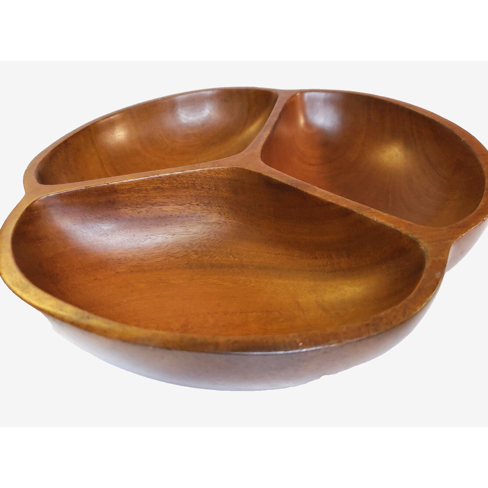 Vintage Wood 3 Divided Serving Tray Mahogany Bowl Dish trinket Candy, Crackers,
